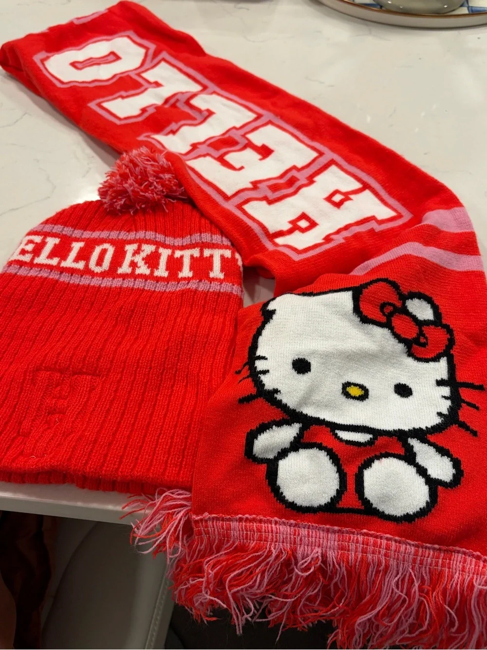 Hello Kitty Red and Pink Pom-Pom Beanie with Matching Character Scarf